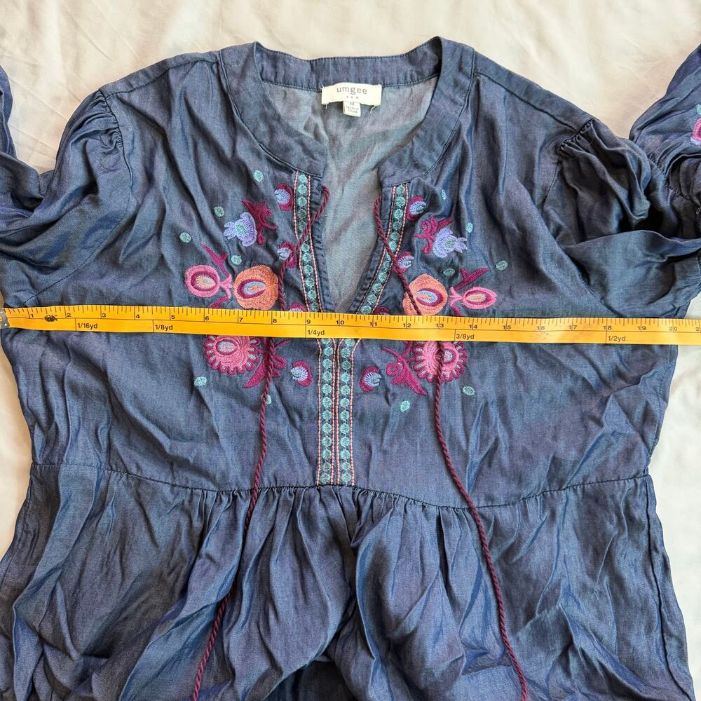 Umgee Blue Embroidered Boho Dress Floral Peasant Tassel Sleeve Size M - Picture 8 of 10